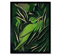 Artery8 Framed Wall Art Green Modern Vintage Retro Abstract Jungle Tropical Leaves Parrots - 12X16 Inch