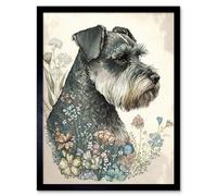 Artery8 Framed Wall Art Grey Schnauzer Dog And Spring Flowers Boho Portrait Watercolour - 12X16 Inch