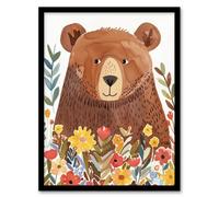 Artery8 Framed Wall Art Happy Brown Bear In Wildflower Patch Watercolour - 12X16 Inch