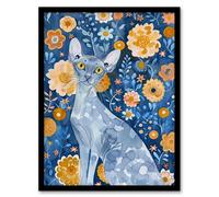 Artery8 Framed Wall Art Happy Devon Rex Cat In Orange Flowers Watercolour - 12X16 Inch