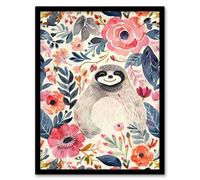 Artery8 Framed Wall Art Happy Sloth Smiling Pink Anemone Floral Pattern - 12X16 Inch