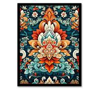 Artery8 Framed Wall Art Hindu Floral Pattern Close Up Detail Ornate Design In Amber And Blue - 12X16 Inch