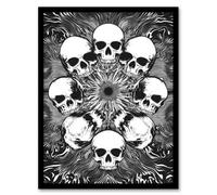 Artery8 Framed Wall Art Human Skull Ring Voodoo Circle Trippy Black White Print - 12X16 Inch