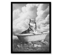 Artery8 Framed Wall Art Husky Bath Time Bathtub Black White Surreal Print - 12X16 Inch