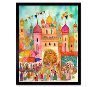 Artery8 Framed Wall Art Islam Eid Al-Fitr Feast Folk Art Watercolour Painting - 12X16 Inch