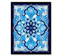 Artery8 Framed Wall Art Islamic Vegetal Pattern Blue And White Stained Glass Inspired Geometric Floral Design - 12X16 Inch