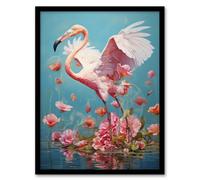 Artery8 Framed Wall Art Jubilant Flamingo Lake Dance Over Pink Flowers - 12X16 Inch