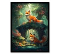 Artery8 Framed Wall Art Kitsune Fox Spirits Spring Blooms And Mythical Creatures In An Enchanted Forest Landscape - 12X16 Inch