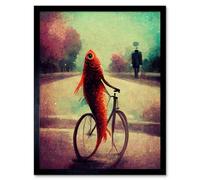 Artery8 Framed Wall Art Koi Fish With Bicycle Surrealism Purple Teal Park Dream - 12X16 Inch
