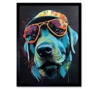 Artery8 Framed Wall Art Labrador Retriever With Sunglasses And Hat - 12X16 Inch