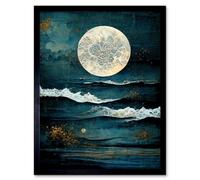 Artery8 Framed Wall Art Large Full Moon Seascape Golden Algae Wave Foam - 12X16 Inch