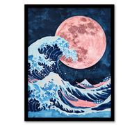 Artery8 Framed Wall Art Large Pink Full Moon Great Wave Surreal Painting - 12X16 Inch