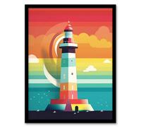 Artery8 Framed Wall Art Lighthouse Mid Century Modern Colourful Flat Style Bathroom Art Kids Cheerful - 12X16 Inch