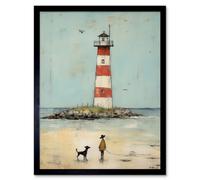 Artery8 Framed Wall Art Lighthouse Pastel Colour Bathroom Artwork Red Blue Ochre Boy And Pet Dog Beach Walk - 12X16 Inch