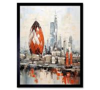 Artery8 Framed Wall Art London Skyline Abstract Thick Paint Red Gherkin Building River Thames England City - 12X16 Inch