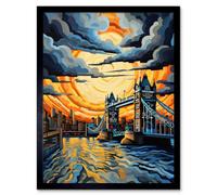 Artery8 Framed Wall Art London Tower Bridge Dramatic Sunset Vibrant Blue Orange River Thames England Cloudy Sky - 12X16 Inch