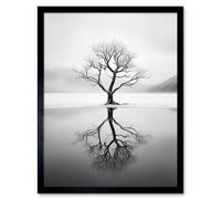 Artery8 Framed Wall Art Lone Tree By Frozen Lake Winter Landscape Black And White Photograph - 12X16 Inch