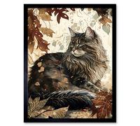 Artery8 Framed Wall Art Mainecoon Cat In Autumn Leaves Modern Watercolour Ink - 12X16 Inch