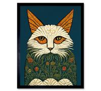 Artery8 Framed Wall Art Melancholy Moggie Cat William Morris Style Teal Gold - 12X16 Inch