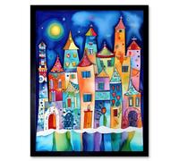 Artery8 Framed Wall Art Midnight Abstract Town Folk - 12X16 Inch