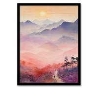 Artery8 Framed Wall Art Mist At Sunrise Over Purple Mountains Enchanting Watercolour - 12X16 Inch