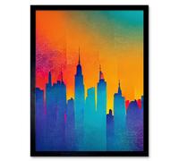 Artery8 Framed Wall Art Modern Abstract Warm Bright Colourful New York Sunset Skyline - 12X16 Inch
