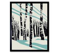 Artery8 Framed Wall Art Modern Birch Tree Forest In Winter Modern Stencil Design Monochrome And Teal - 12X16 Inch