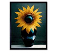 Artery8 Framed Wall Art Modern Bright Single Yellow Black Sunflower In Vase - 12X16 Inch