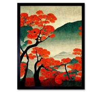 Artery8 Framed Wall Art Modern Japanese Red Maple Trees On Hillside - 12X16 Inch