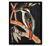 Artery8 Framed Wall Art Modernist Kingfisher Bird On Branch Black Orange Print - 12X16 Inch