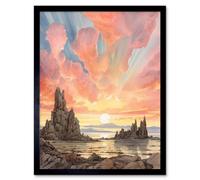 Artery8 Framed Wall Art Mono Lake Atmospheric Clouds At Dawn Break Modern Watercolour Painting - 12X16 Inch