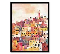 Artery8 Framed Wall Art Morocco Skyline Colourful Watercolour Cityscape - 12X16 Inch