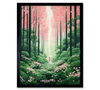Artery8 Framed Wall Art Mount Yoshino Cherry Blossom Tree Forest Baby Pink Green Walk In Nature Trail - 12X16 Inch