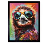 Artery8 Framed Wall Art Multicoloured Smiling Sloth Wearing Sunglasses - 12X16 Inch