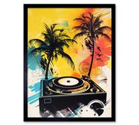 Artery8 Framed Wall Art Music Under Palm Trees Tropical Beach Party Modern Watercolour Painting - 12X16 Inch