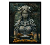 Artery8 Framed Wall Art Norse Shield Maiden Warrior Bust Statue In Forest Print - 12X16 Inch
