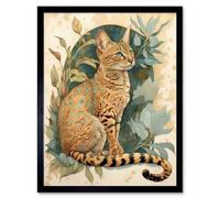 Artery8 Framed Wall Art Ocicat Cat With Teal Rosette Pattern Fur And Leafy Plants Watercolour - 12X16 Inch