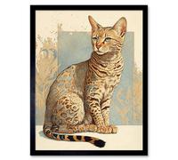 Artery8 Framed Wall Art Ocicat Cat With Turquoise Rosette Pattern Fur Modern Watercolour - 12X16 Inch