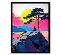Artery8 Framed Wall Art Old Man Lone Tree Sunset Coastal Cliff Landscape Print - 12X16 Inch