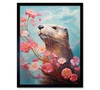 Artery8 Framed Wall Art Otter With A Pink Cherry Blossom Branch Elegant Floating On Lake Water With Flowers - 12X16 Inch