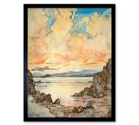 Artery8 Framed Wall Art Pastel Colour Atmospheric Cloud Sunrise Over Mono Lake Modern Watercolour Painting - 12X16 Inch