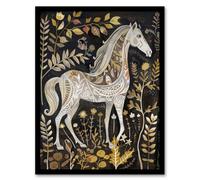 Artery8 Framed Wall Art Patterned Horse Woodland Forest Rustic Folk Art Print - 12X16 Inch