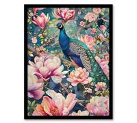 Artery8 Peacock Bird Cherry Blossom Flower Tree Design Living Room Art Print Framed Poster Wall Decor 12x16 inch