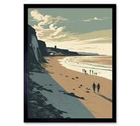 Artery8 Framed Wall Art People Walking On Filey Beach Coastal - 12X16 Inch