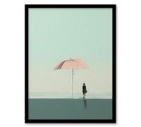 Artery8 Framed Wall Art Pink Beach Brolly By Amy Denver Minimalist Soft Pastel Seascape Minimalism Simple Modern - 12X16 Inch