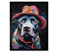 Artery8 Framed Wall Art Pit Bull Terrier Dog Red Cowboy Hat Portrait - 12X16 Inch