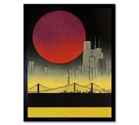 Artery8 Framed Wall Art Pop Art Red Sunset Sun Over Manhattan Bridge Skyline Black Yellow Grey - 12X16 Inch