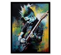 Artery8 Framed Wall Art Punk Music Artwork Blue Yellow Guitarist Playing At Concert Vibrant Portrait - 12X16 Inch
