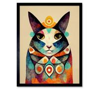 Artery8 Framed Wall Art Quirky Boho Abstract Modern Shaman Guru Cat - 12X16 Inch