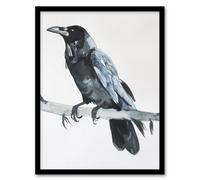 Artery8 Framed Wall Art Raven Bird On Tree Branch Bright Watercolour - 12X16 Inch